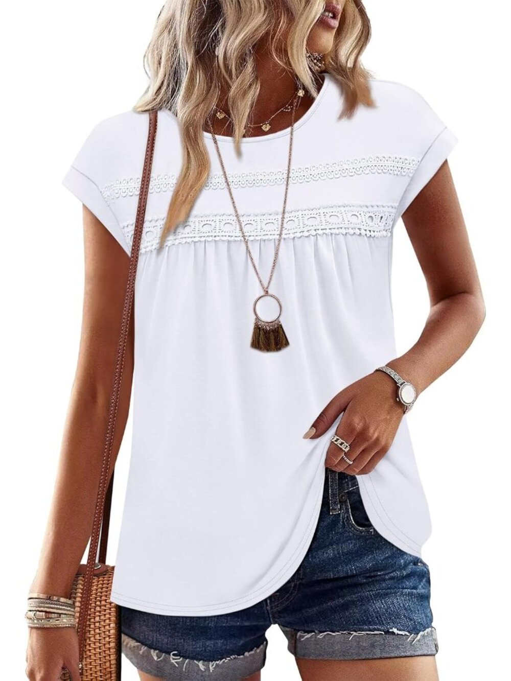 Womens Summer Tops Trendy 2026 Lace Crochet Cap Short Sleeve Shirts Crew Neck T